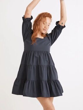NEW Madewell Poplin Lizzie Navy Blue Babydoll Dress Size 12 Tiered Cotton